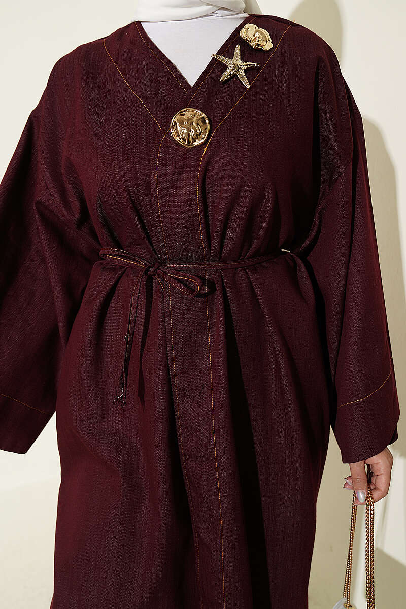 Long Cape Coat with Brooch and Tie - Burgundy