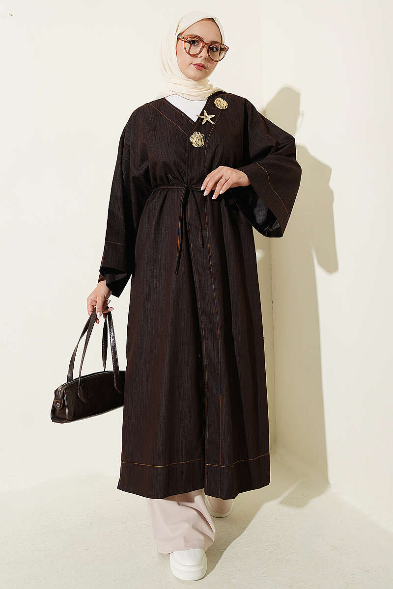 Long Cape Coat with Brooch and Tie - Brown