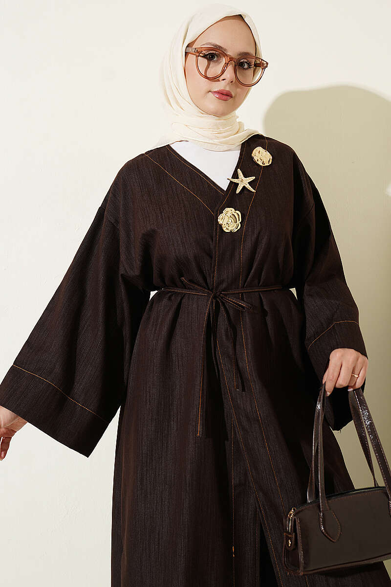 Long Cape Coat with Brooch and Tie - Brown
