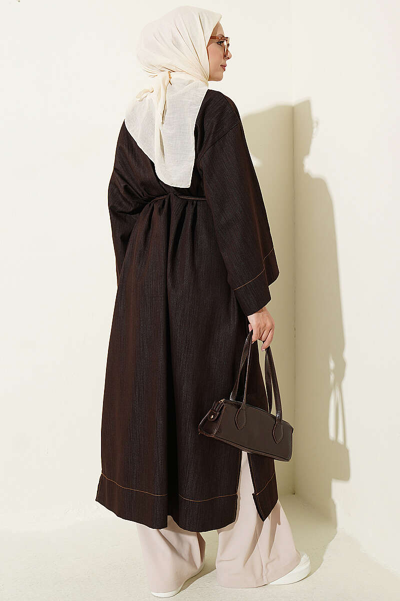 Long Cape Coat with Brooch and Tie - Brown