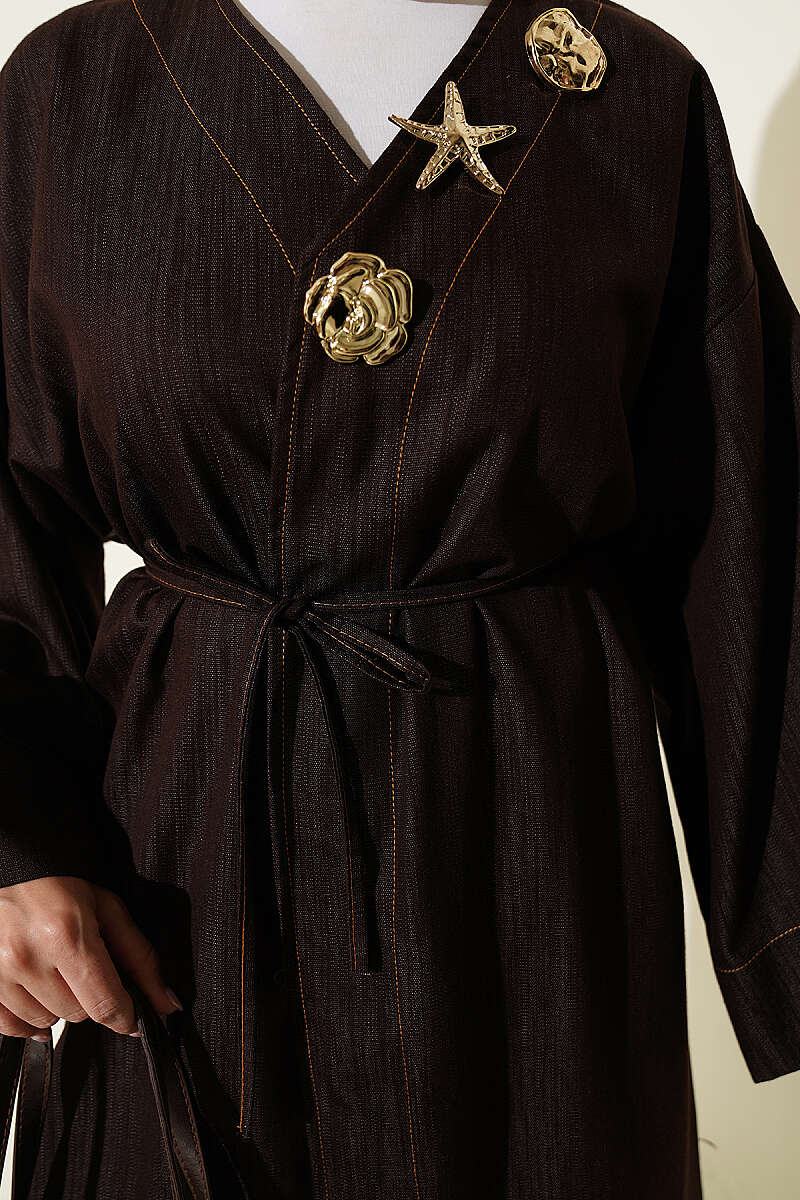 Long Cape Coat with Brooch and Tie - Brown