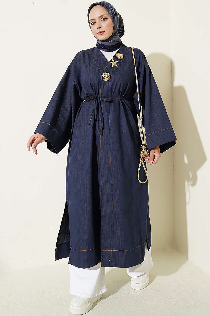 Long Cape Coat with Brooch and Tie - Denim Blue