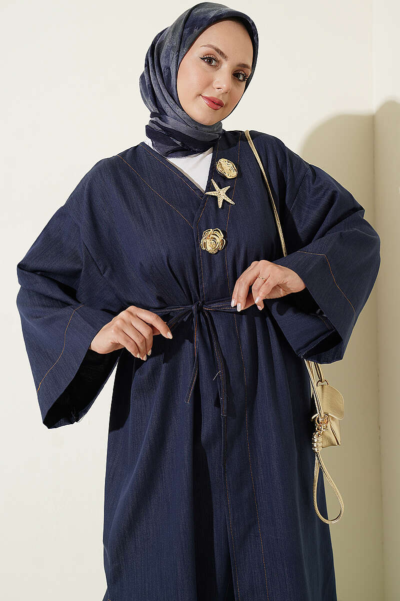 Long Cape Coat with Brooch and Tie - Denim Blue