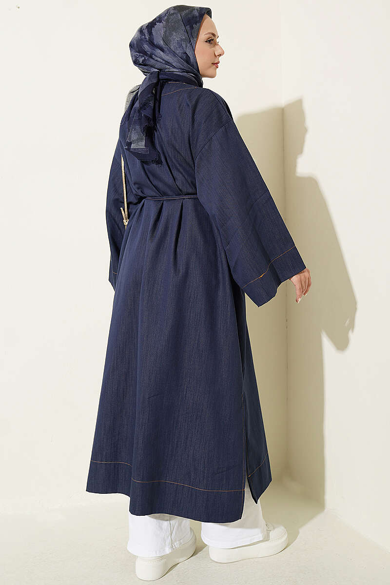 Long Cape Coat with Brooch and Tie - Denim Blue