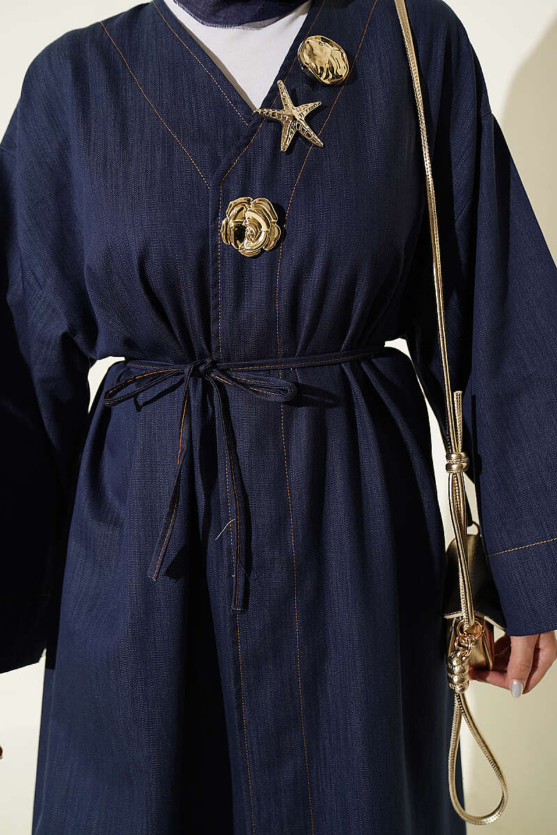 Long Cape Coat with Brooch and Tie - Denim Blue