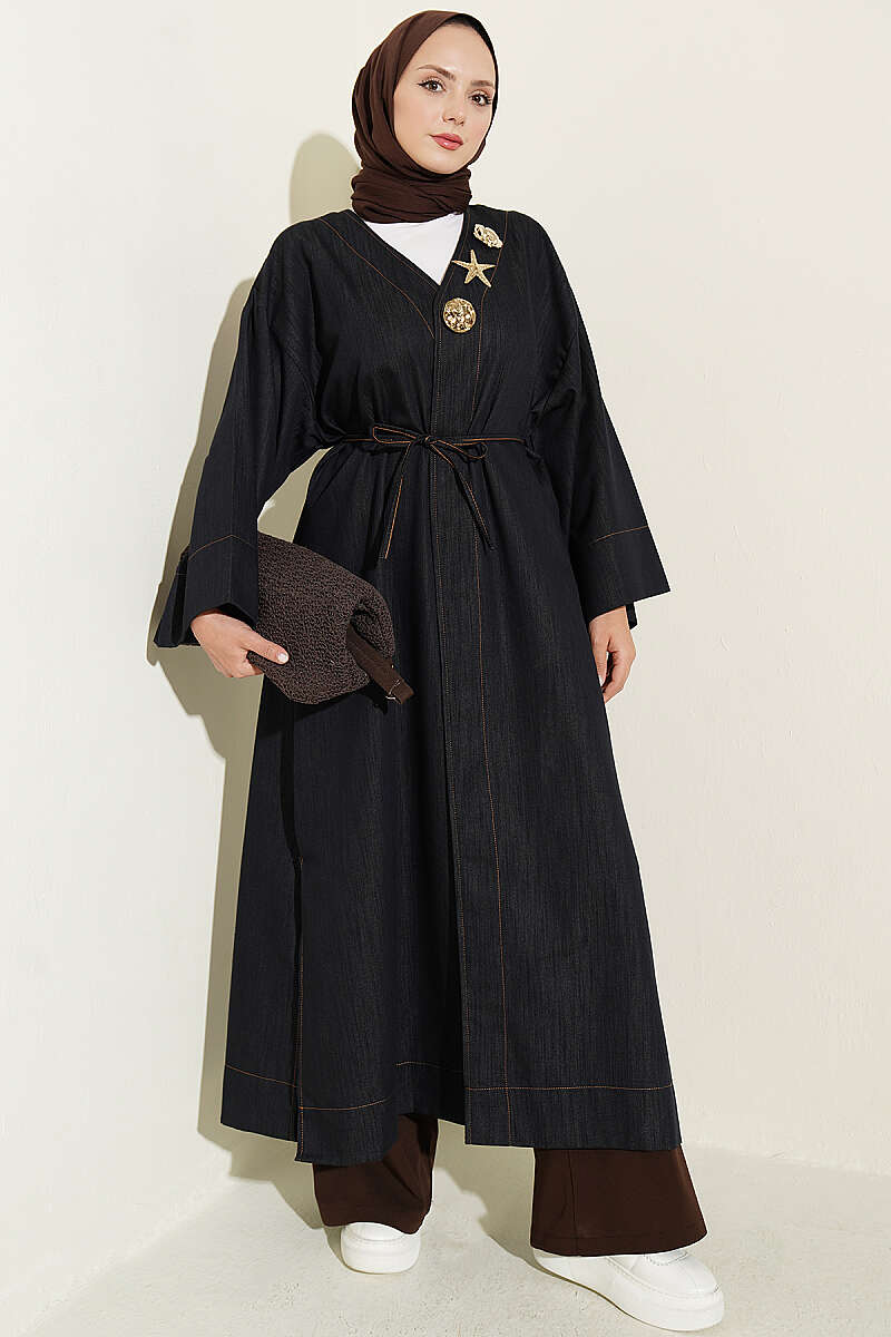 Long Cape Coat with Brooch and Tie - Dark Navy