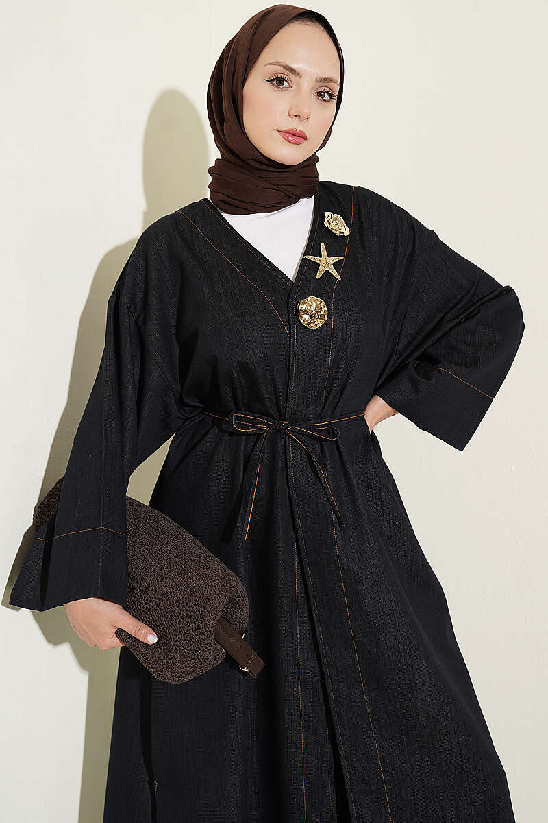 Long Cape Coat with Brooch and Tie - Dark Navy