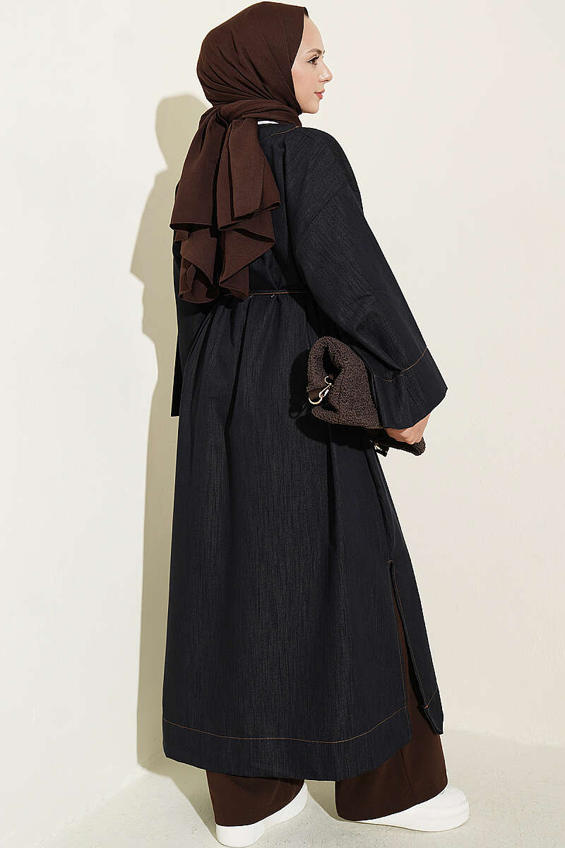 Long Cape Coat with Brooch and Tie - Dark Navy