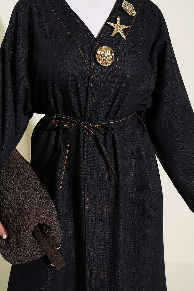 Long Cape Coat with Brooch and Tie - Dark Navy