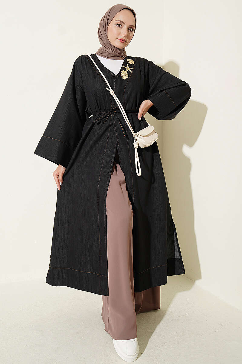 Long Cape Coat with Brooch and Tie - Black