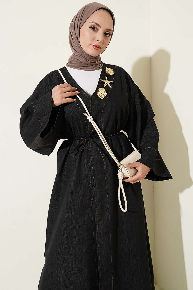 Long Cape Coat with Brooch and Tie - Black