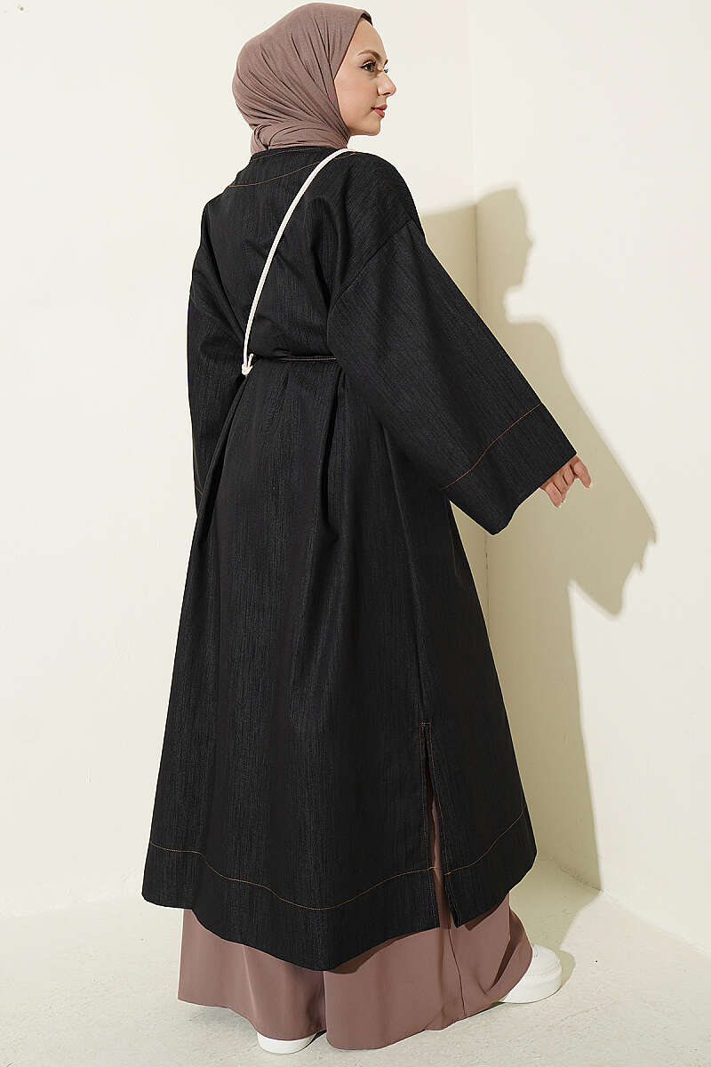 Long Cape Coat with Brooch and Tie - Black