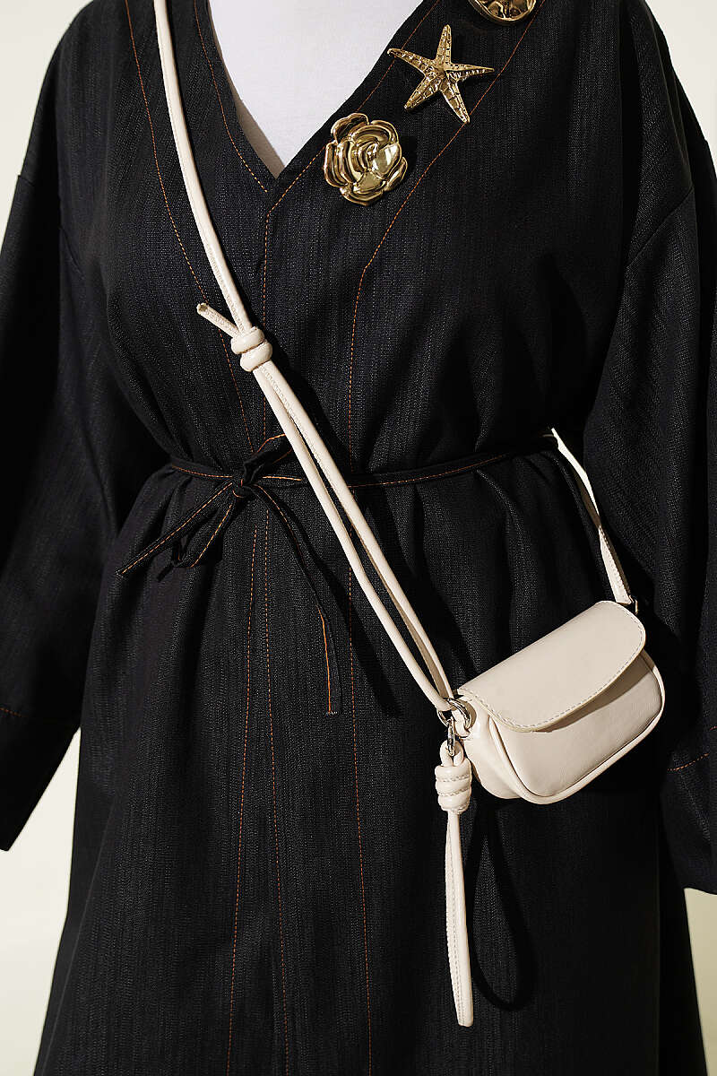 Long Cape Coat with Brooch and Tie - Black