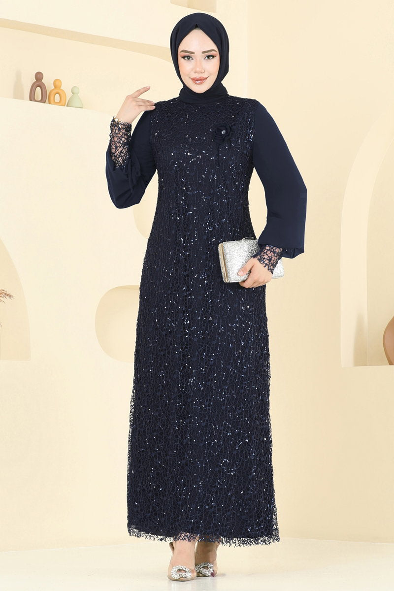 Modest Sequin Evening Dress with Brooch - Navy