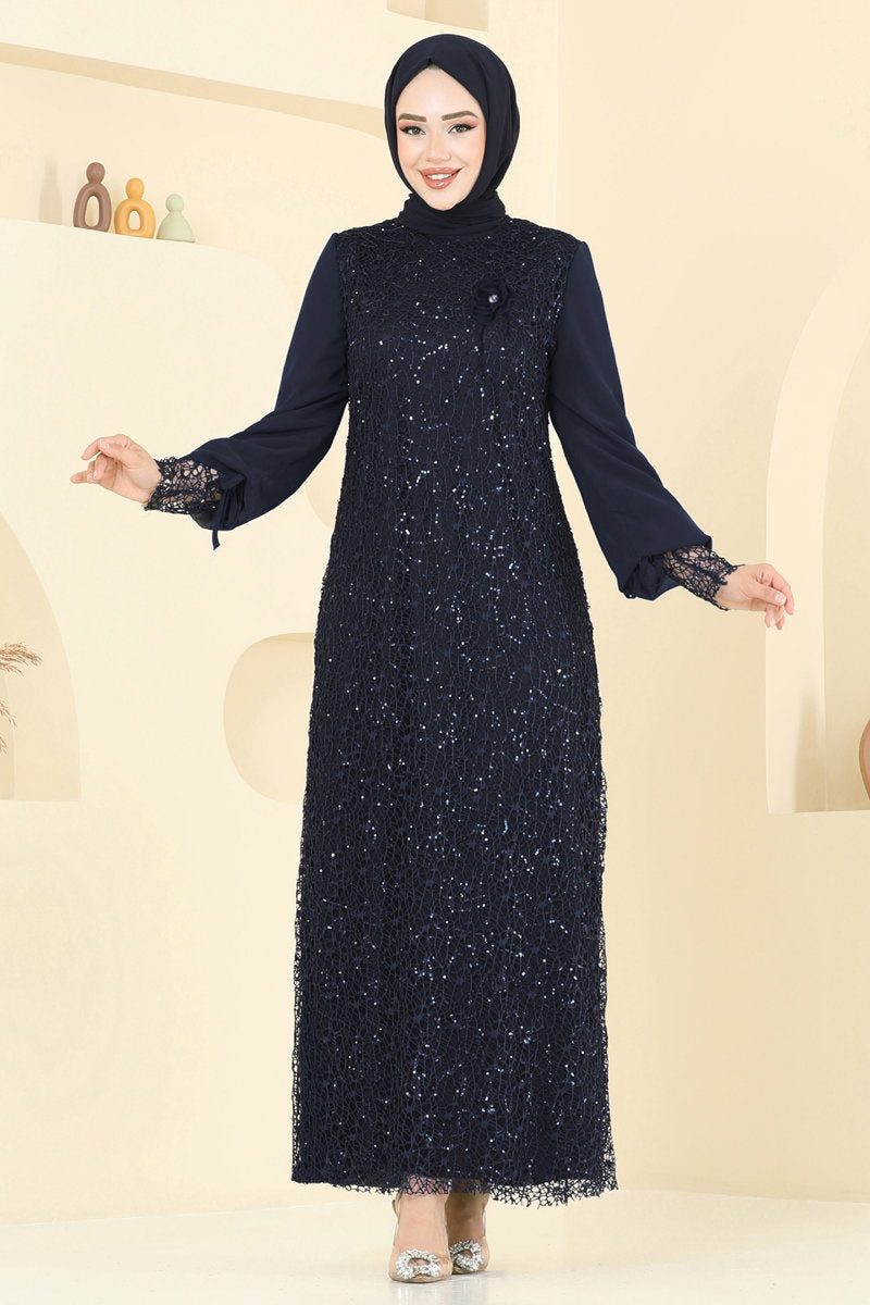 Modest Sequin Evening Dress with Brooch - Navy