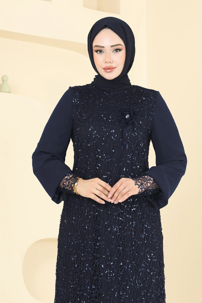 Modest Sequin Evening Dress with Brooch - Navy