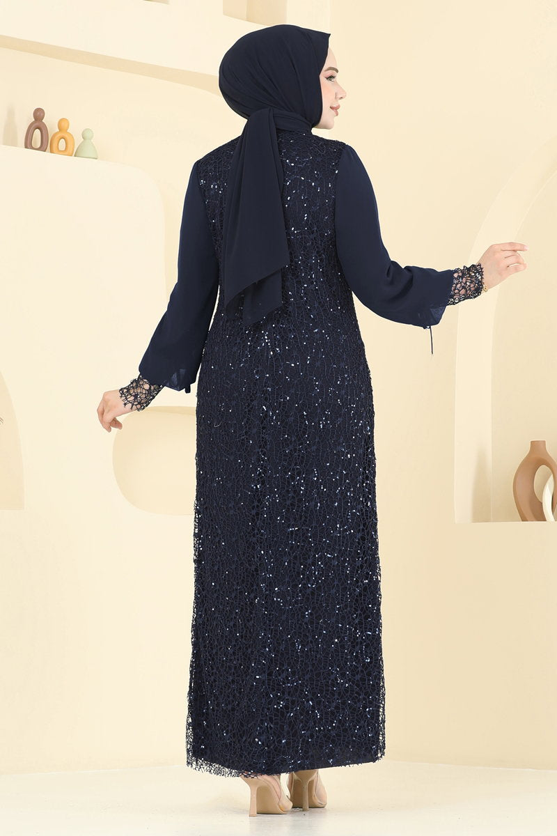 Modest Sequin Evening Dress with Brooch - Navy