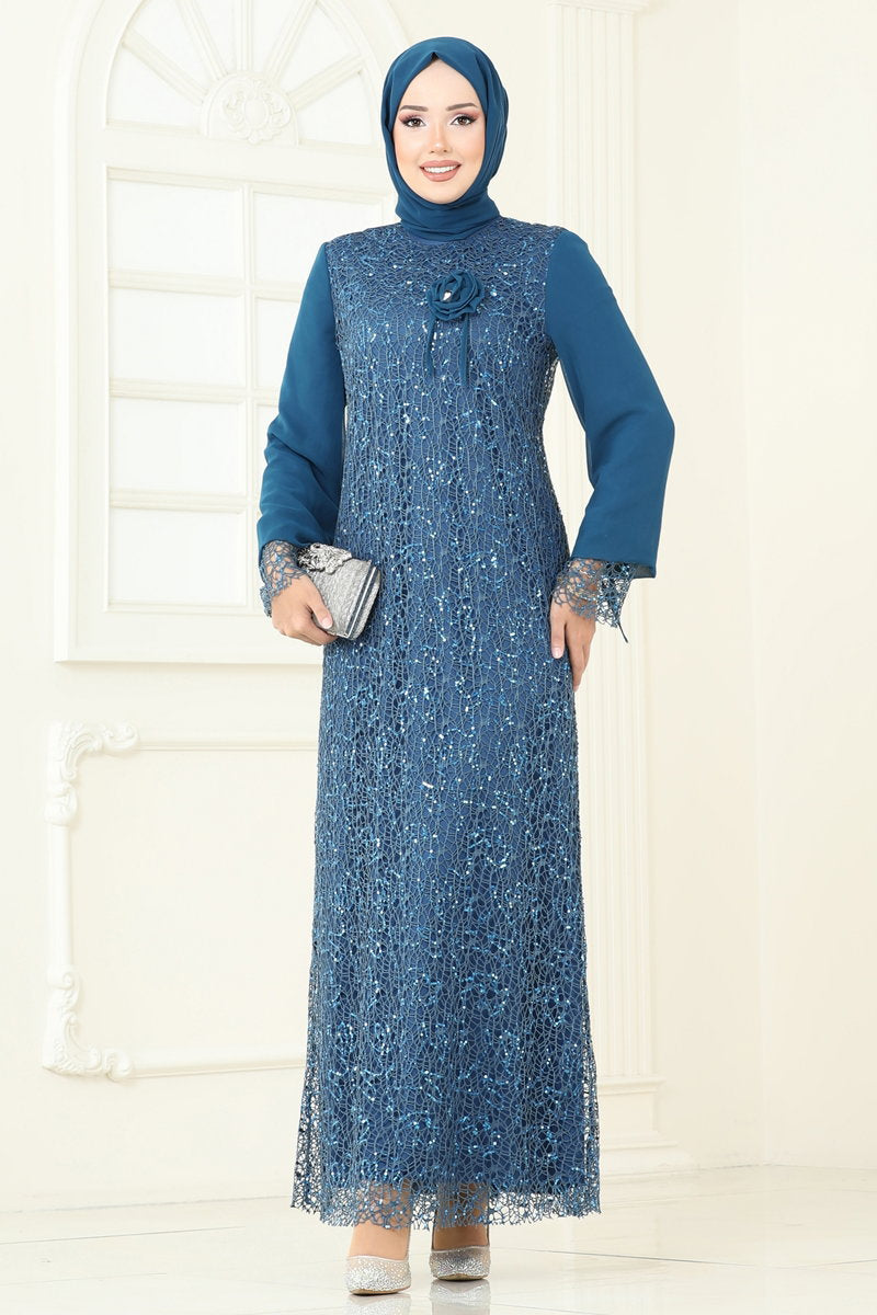Modest Sequin Chiffon Evening Dress with Brooch - Teal