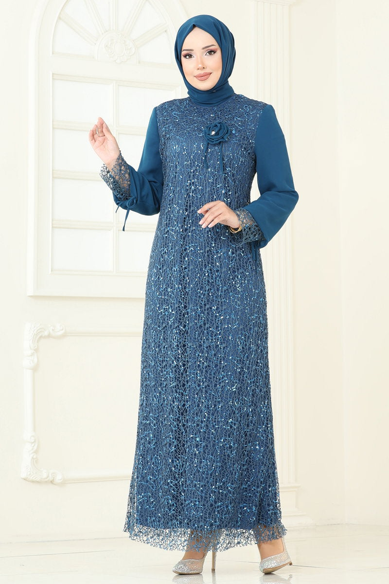 Modest Sequin Chiffon Evening Dress with Brooch - Teal