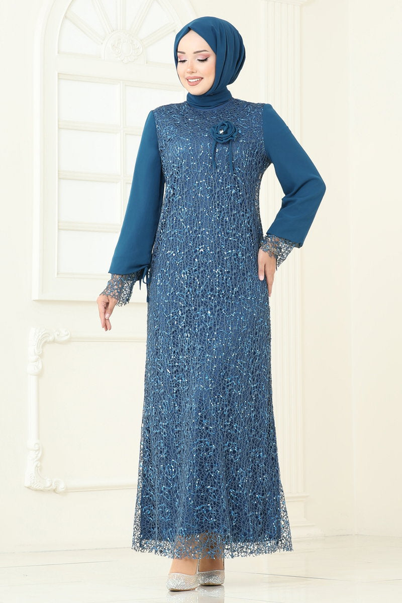 Modest Sequin Chiffon Evening Dress with Brooch - Teal