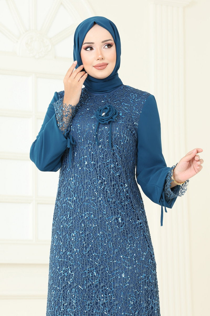 Modest Sequin Chiffon Evening Dress with Brooch - Teal