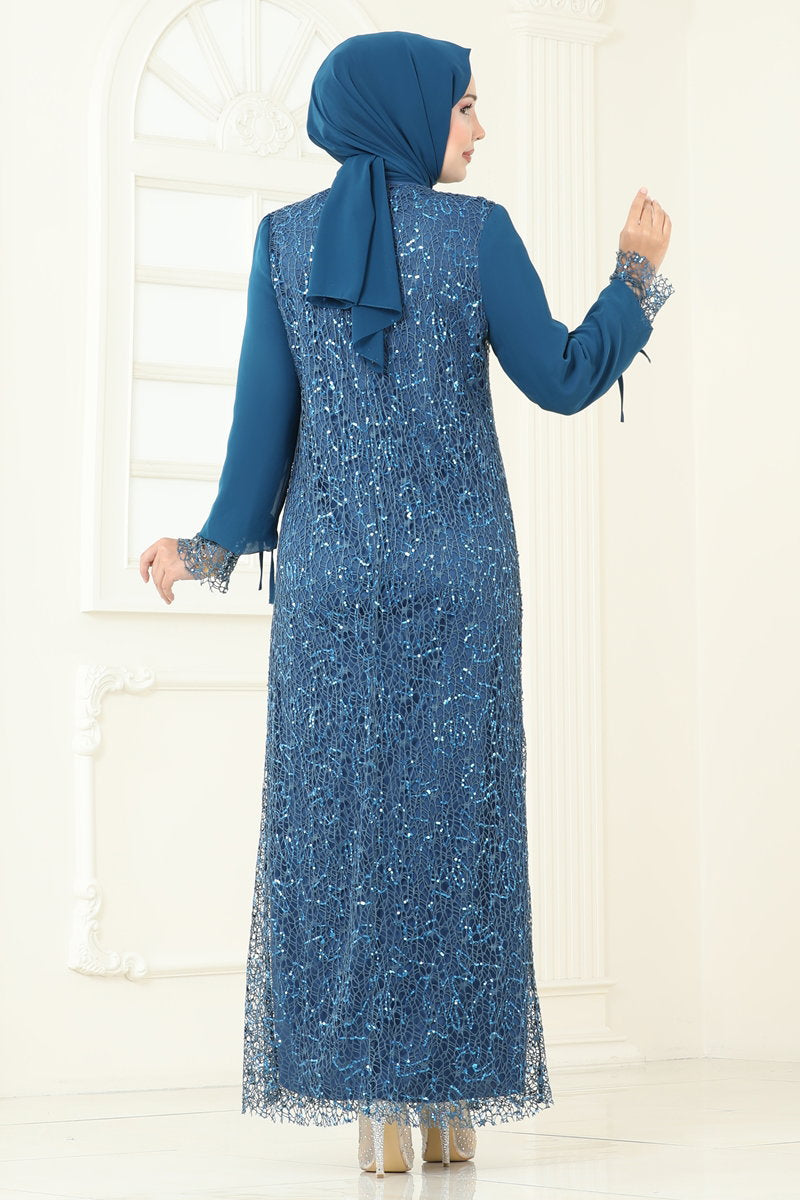 Modest Sequin Chiffon Evening Dress with Brooch - Teal