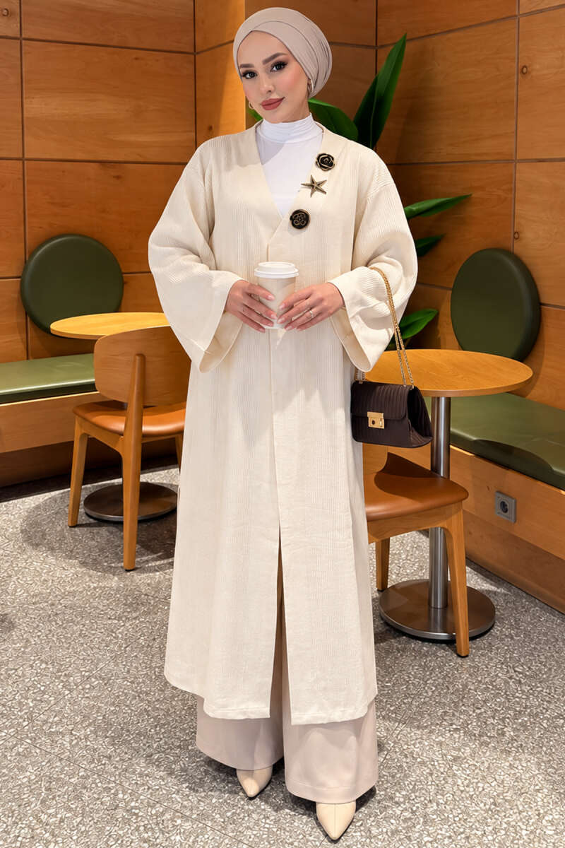 Long Knit Cardigan with Brooch - Ecru