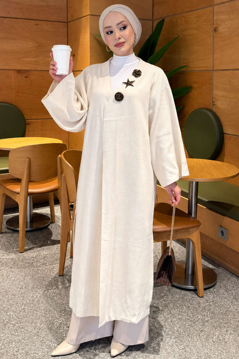 Long Knit Cardigan with Brooch - Ecru