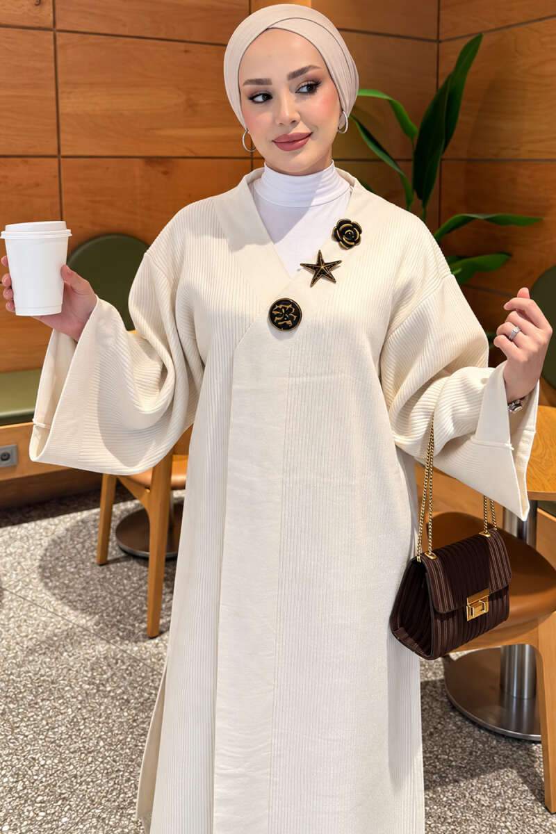 Long Knit Cardigan with Brooch - Ecru