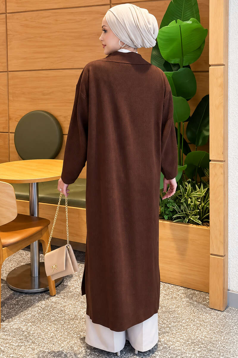 Long Knit Cardigan with Brooch - Brown