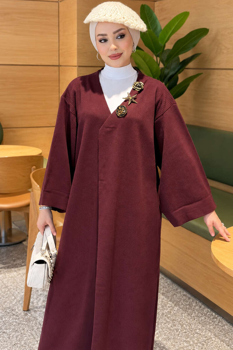 Long Knit Cardigan with Brooch - Plum