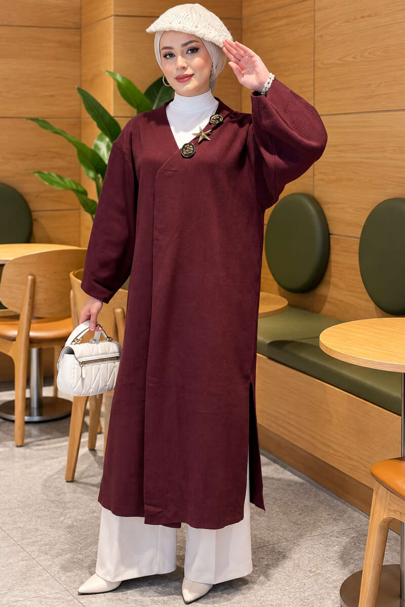Long Knit Cardigan with Brooch - Plum