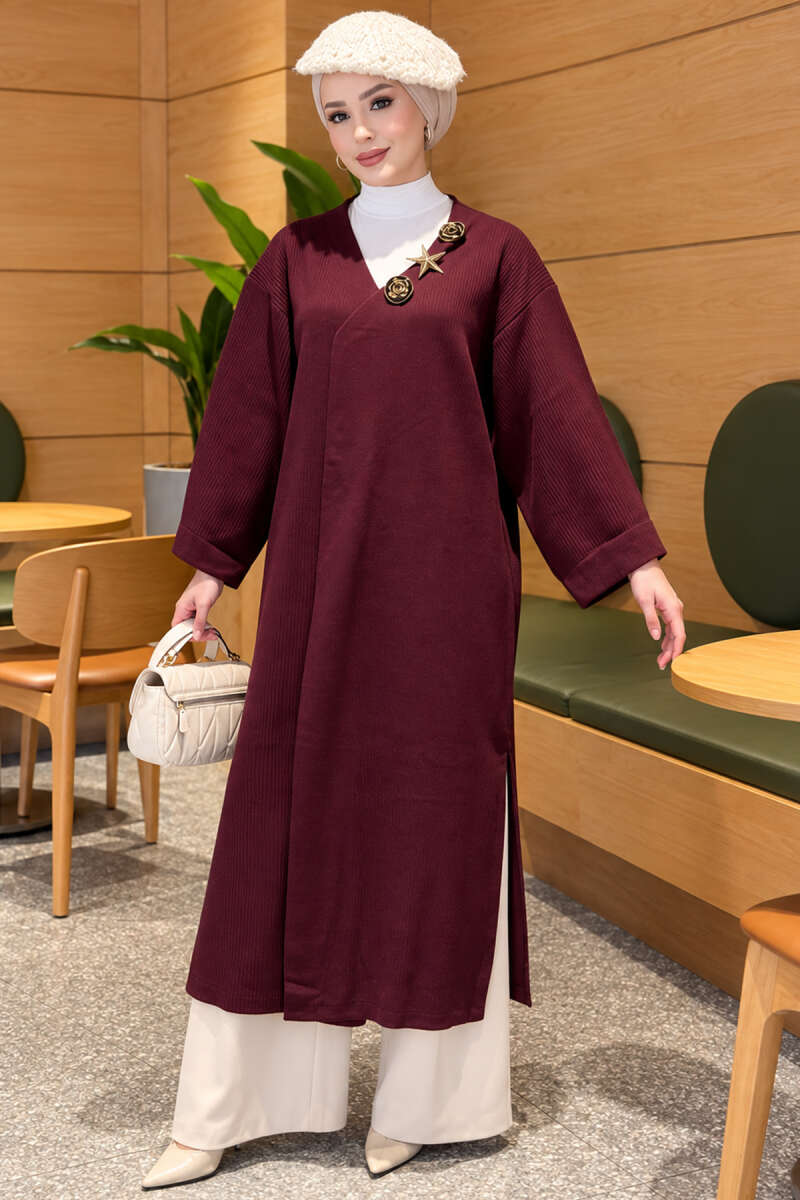 Long Knit Cardigan with Brooch - Plum