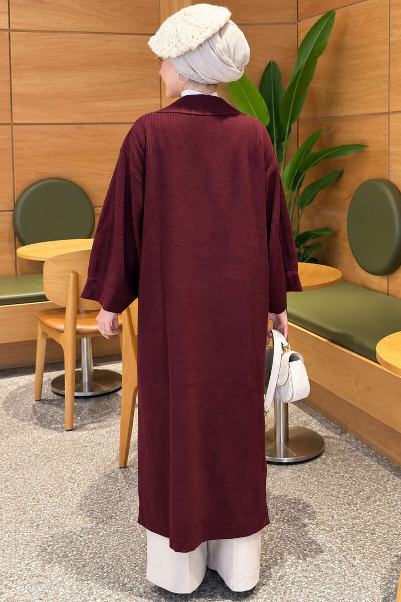 Long Knit Cardigan with Brooch - Plum