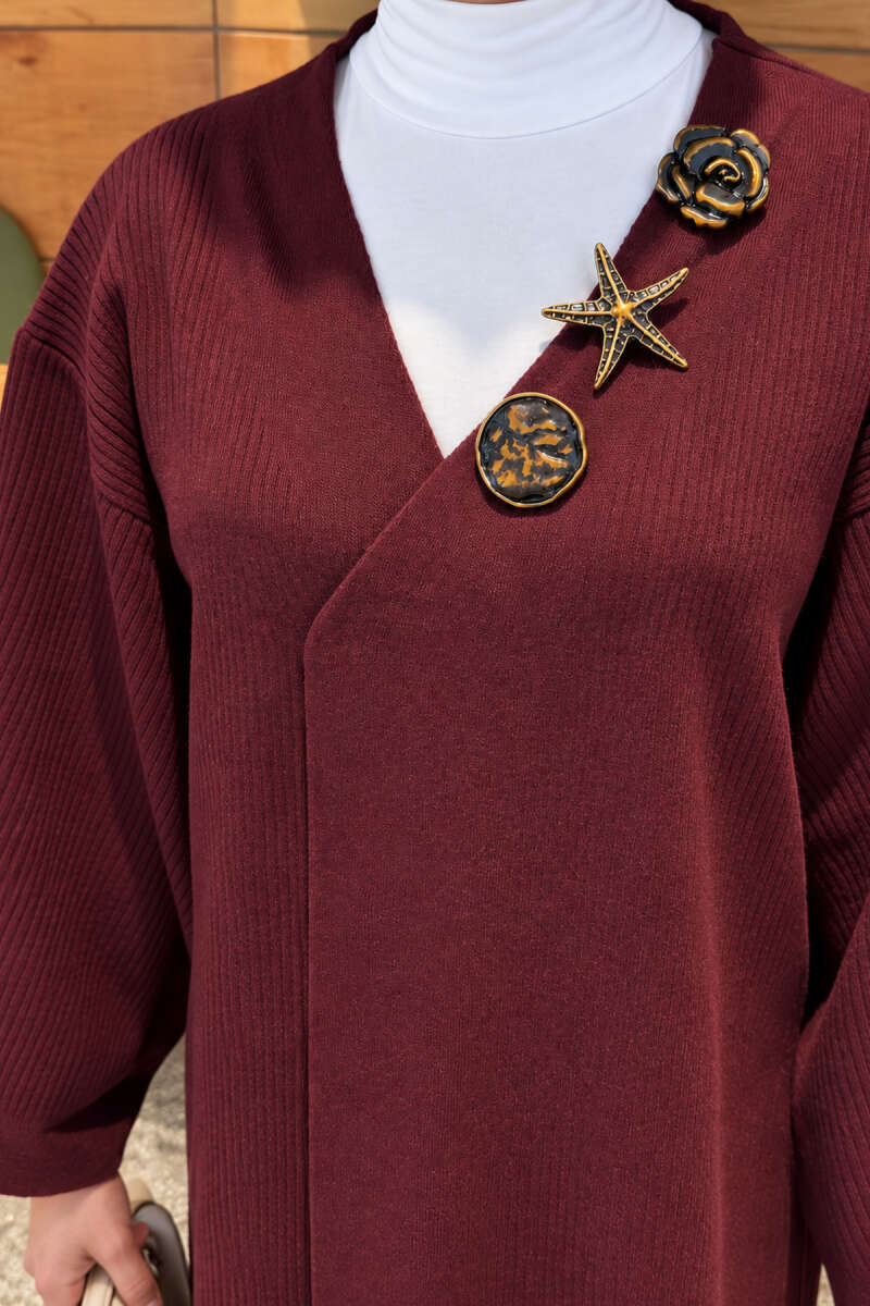 Long Knit Cardigan with Brooch - Plum
