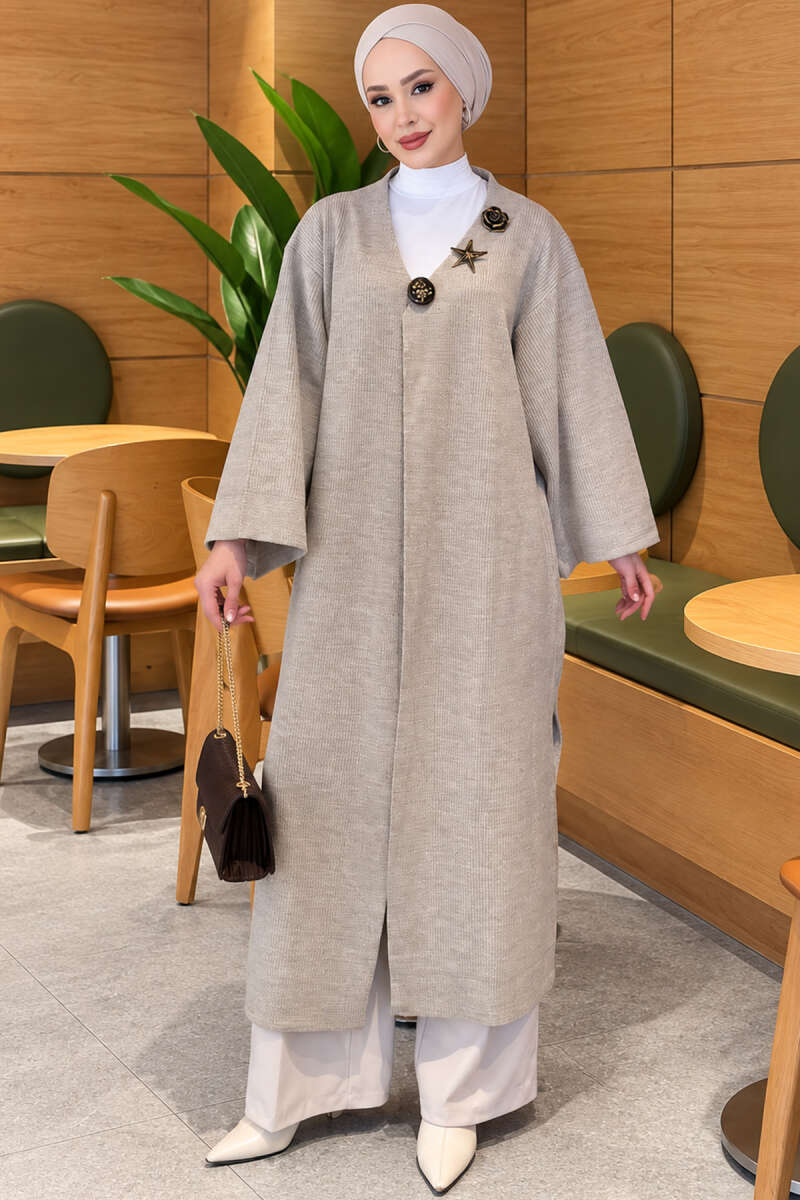 Long Knit Cardigan with Brooch - Mink