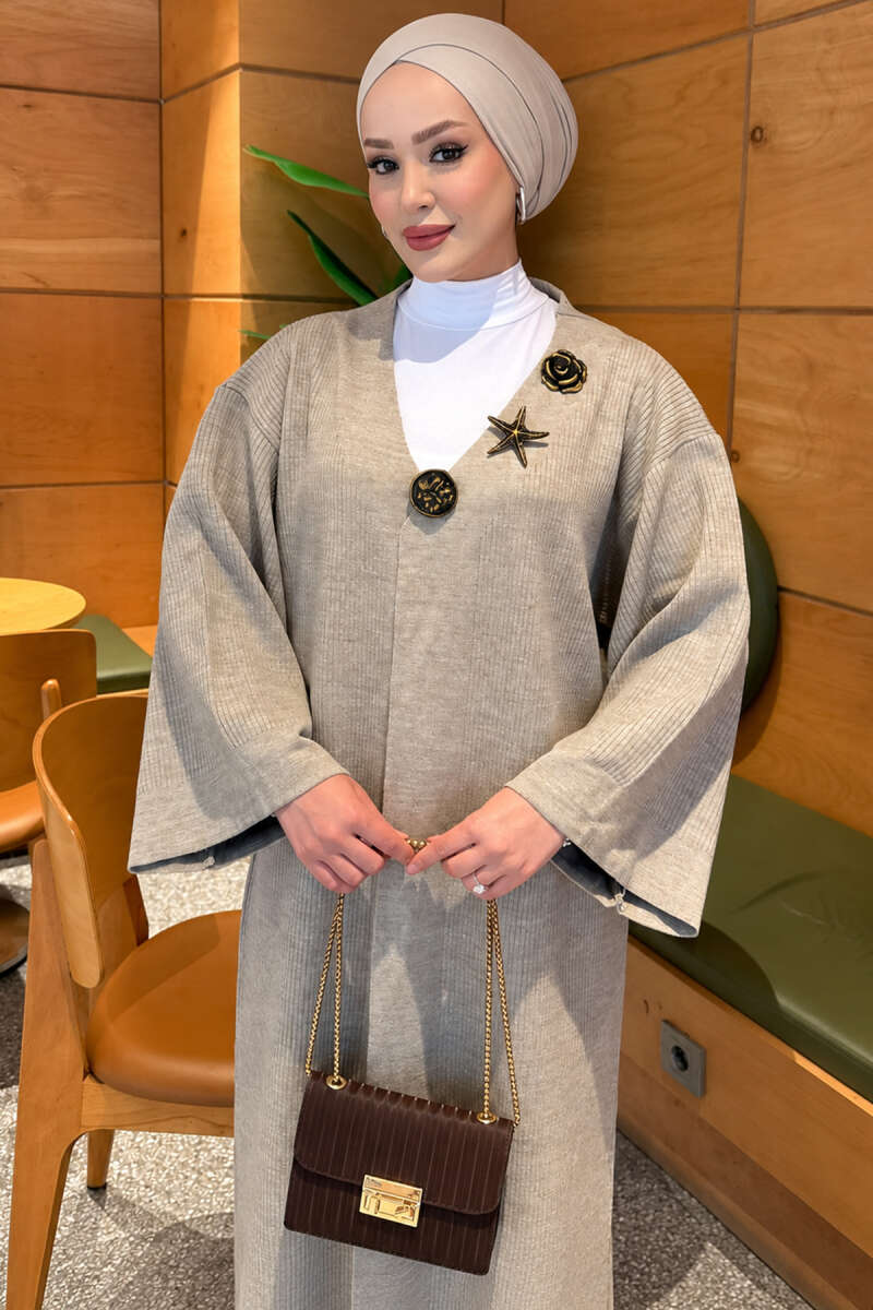 Long Knit Cardigan with Brooch - Mink