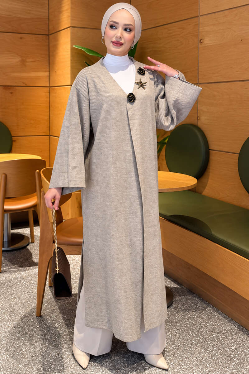 Long Knit Cardigan with Brooch - Mink