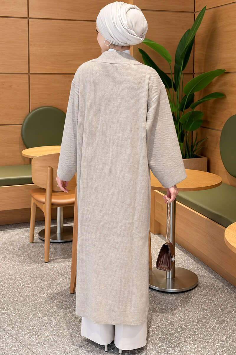 Long Knit Cardigan with Brooch - Mink