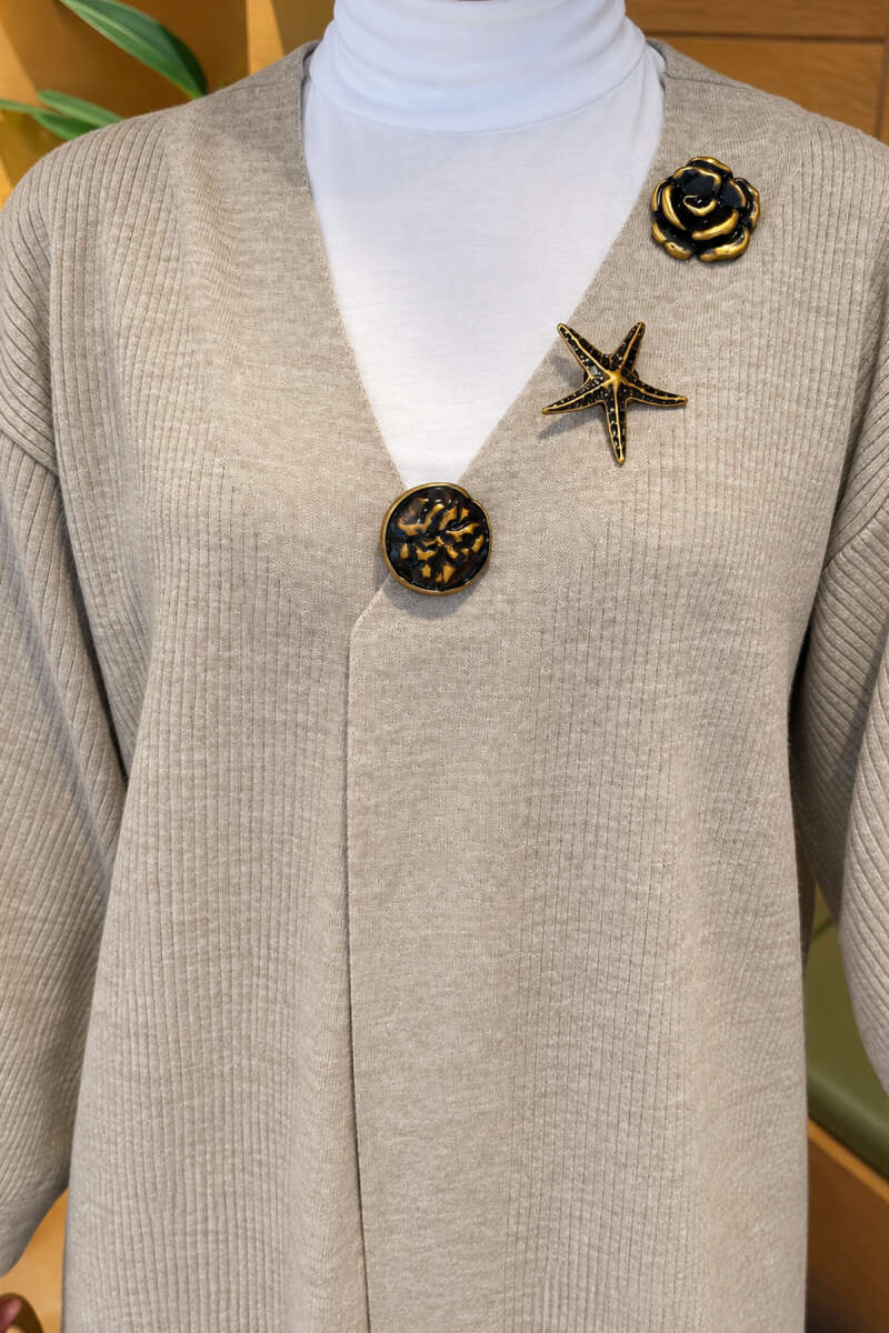 Long Knit Cardigan with Brooch - Mink