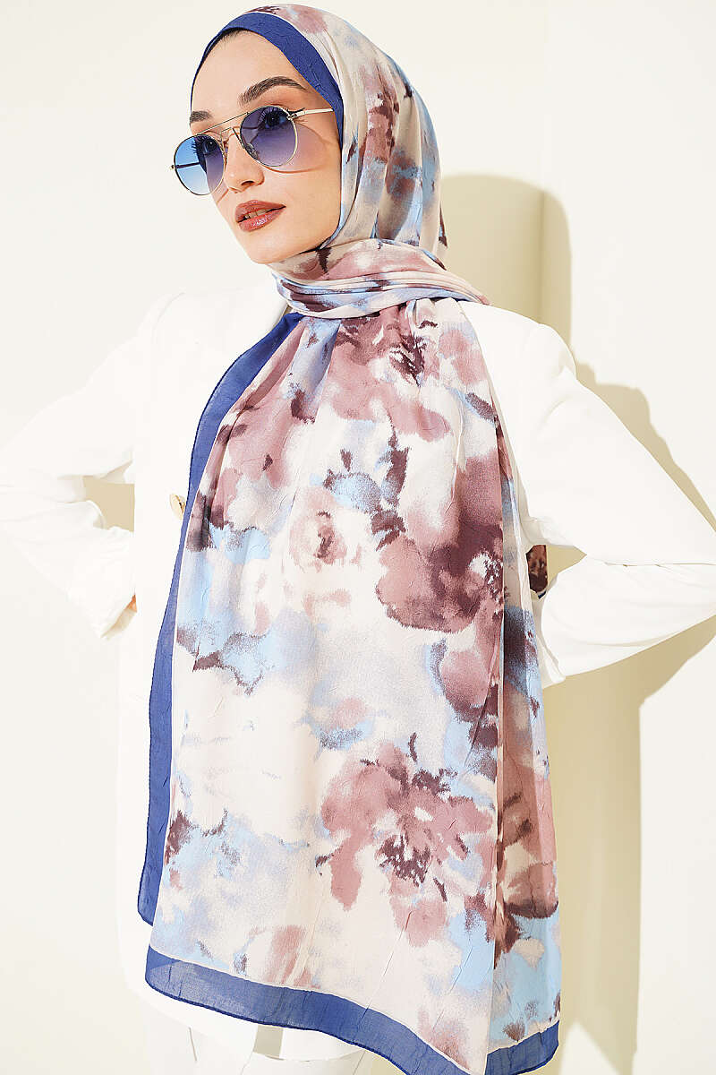 Cloud Print Bamboo Crinkle Shawl - Saxe Blue