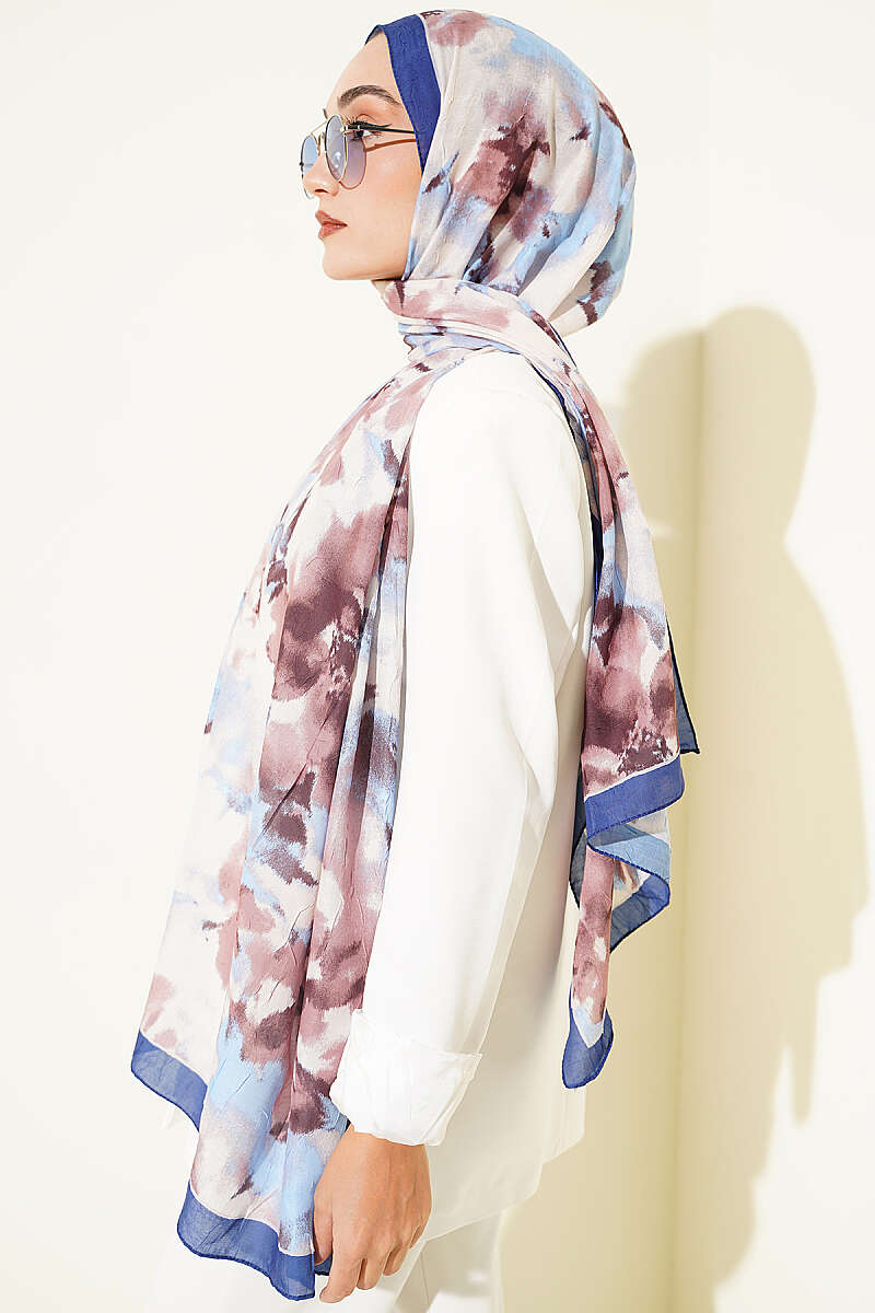 Cloud Print Bamboo Crinkle Shawl - Saxe Blue