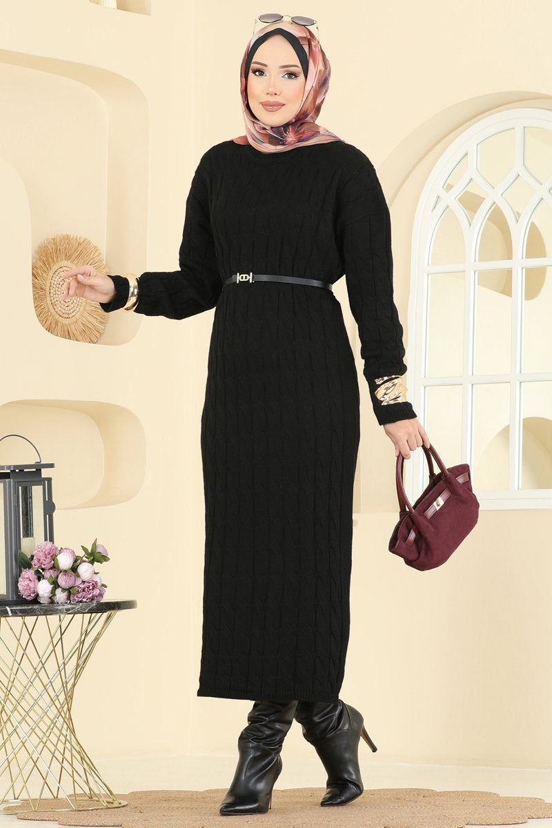 Cable-Pattern Knit Dress - Black