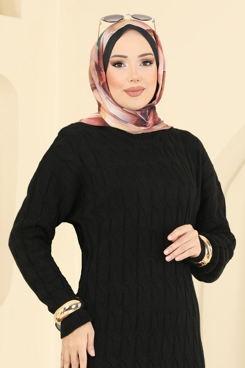 Cable-Pattern Knit Dress - Black