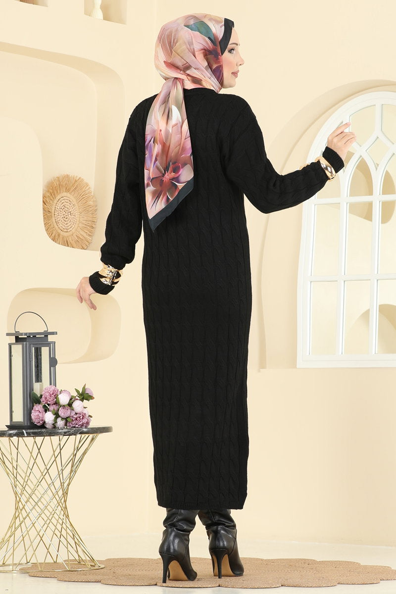 Cable-Pattern Knit Dress - Black