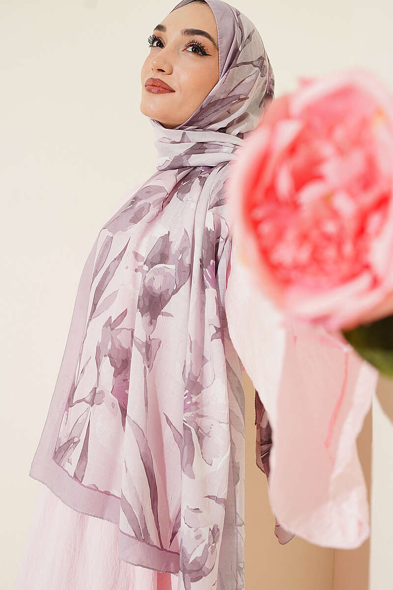 Large Floral Bamboo Crinkle Shawl - Soft Beige