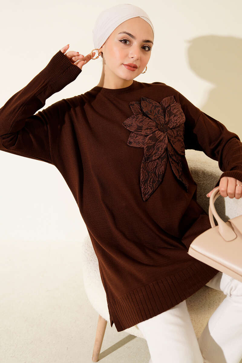 Large Floral Knit Tunic - Brown