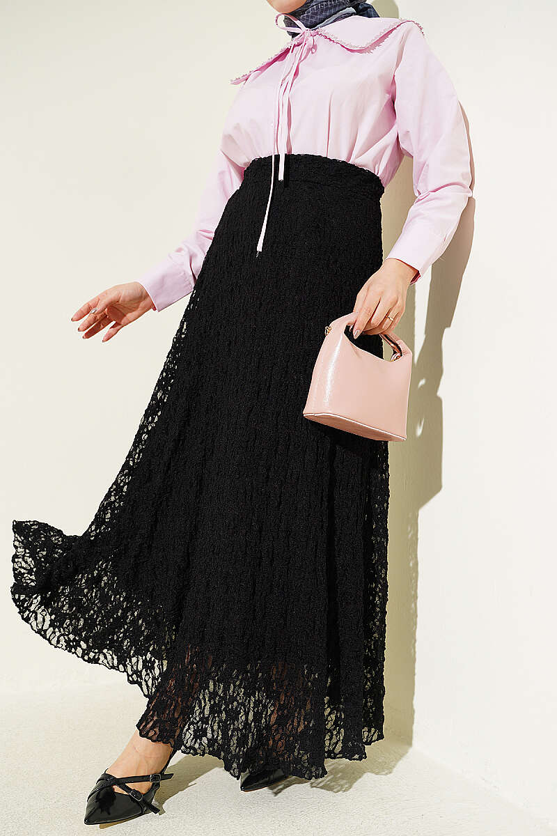 Gathered Lace Tulle Skirt - Black