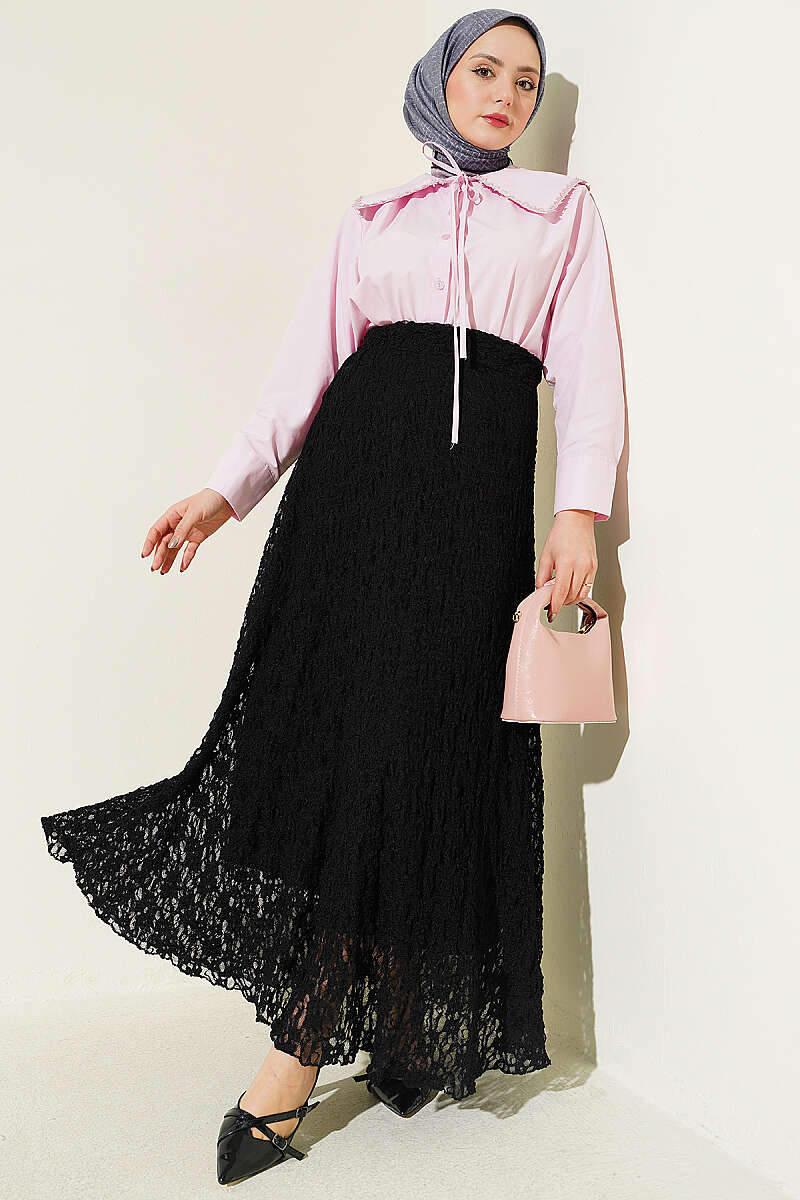 Gathered Lace Tulle Skirt - Black