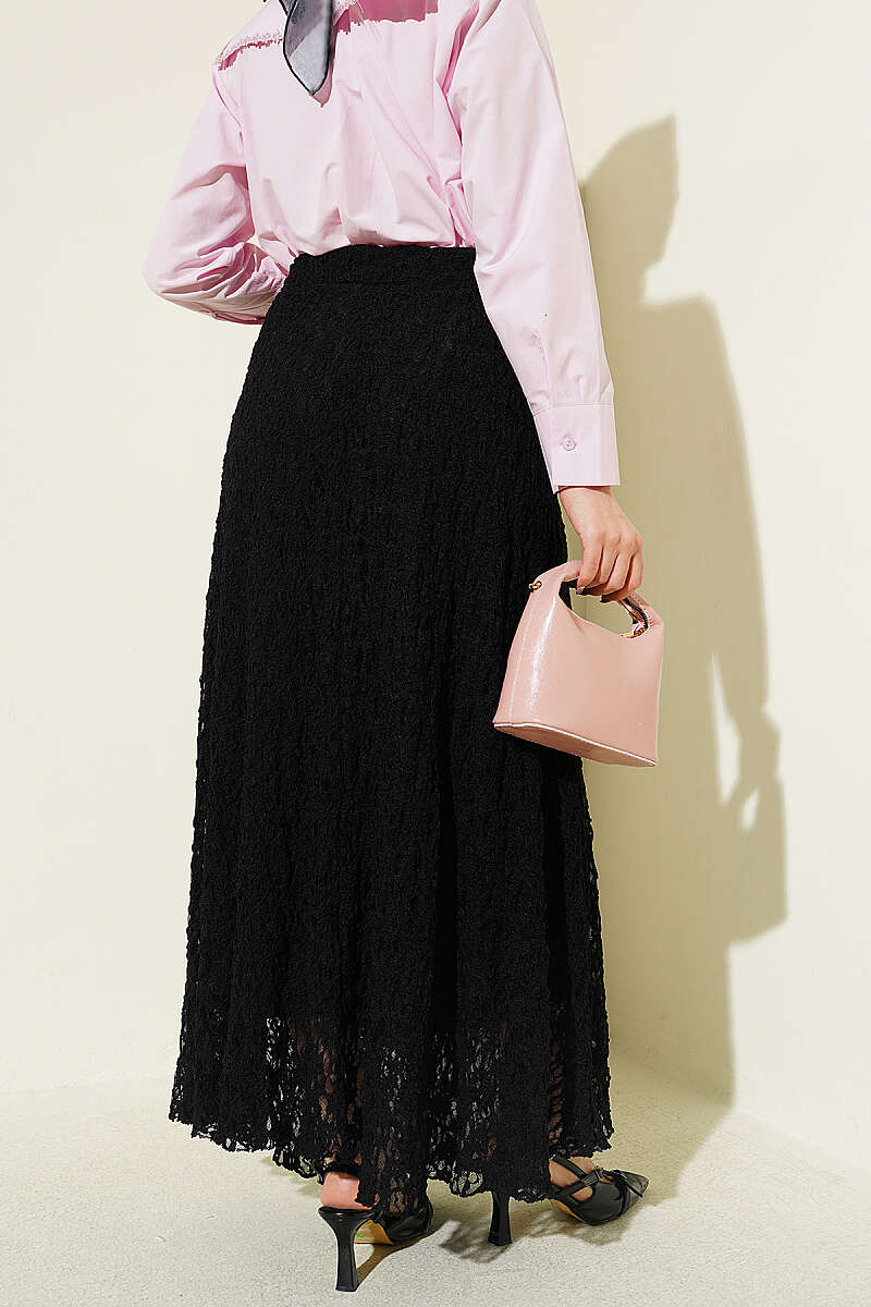Gathered Lace Tulle Skirt - Black